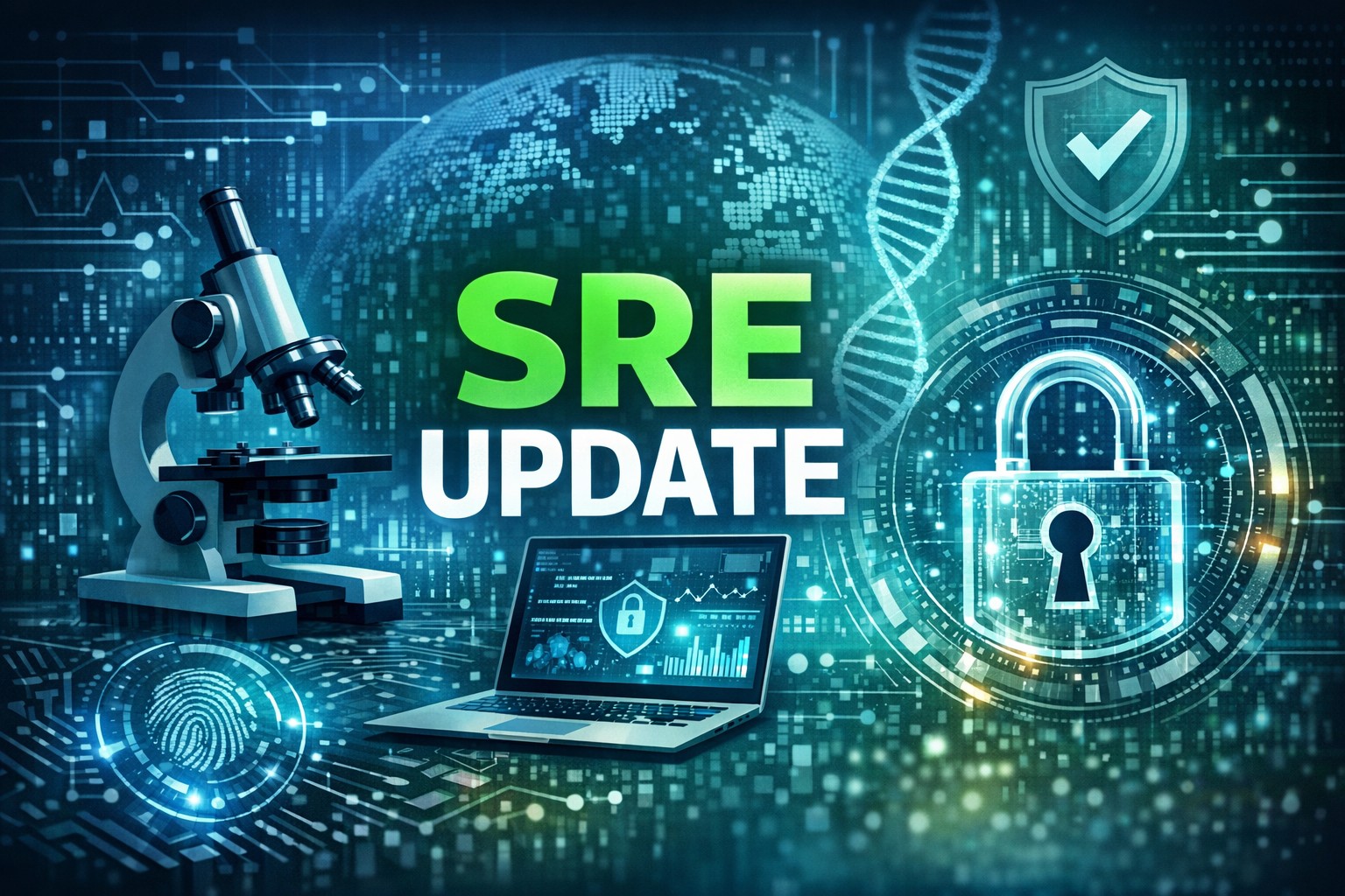 Microscope, laptop and lock with "SRE UPDATE" in text
