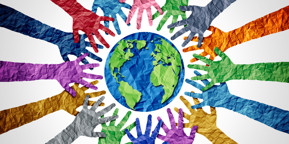 Graphic of hands surrounding a globe