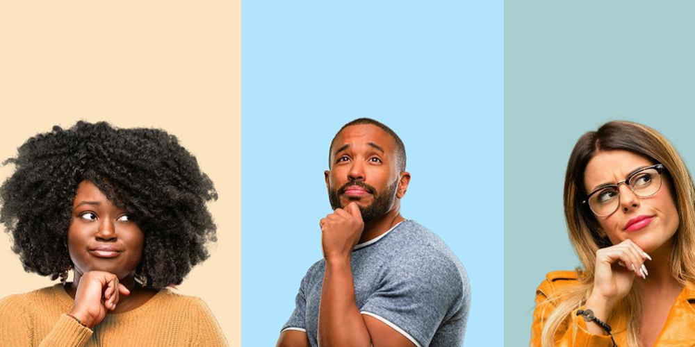 A collage of three people with thinking poses/expressions.