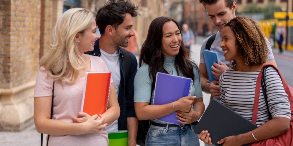 Students carrying books walking