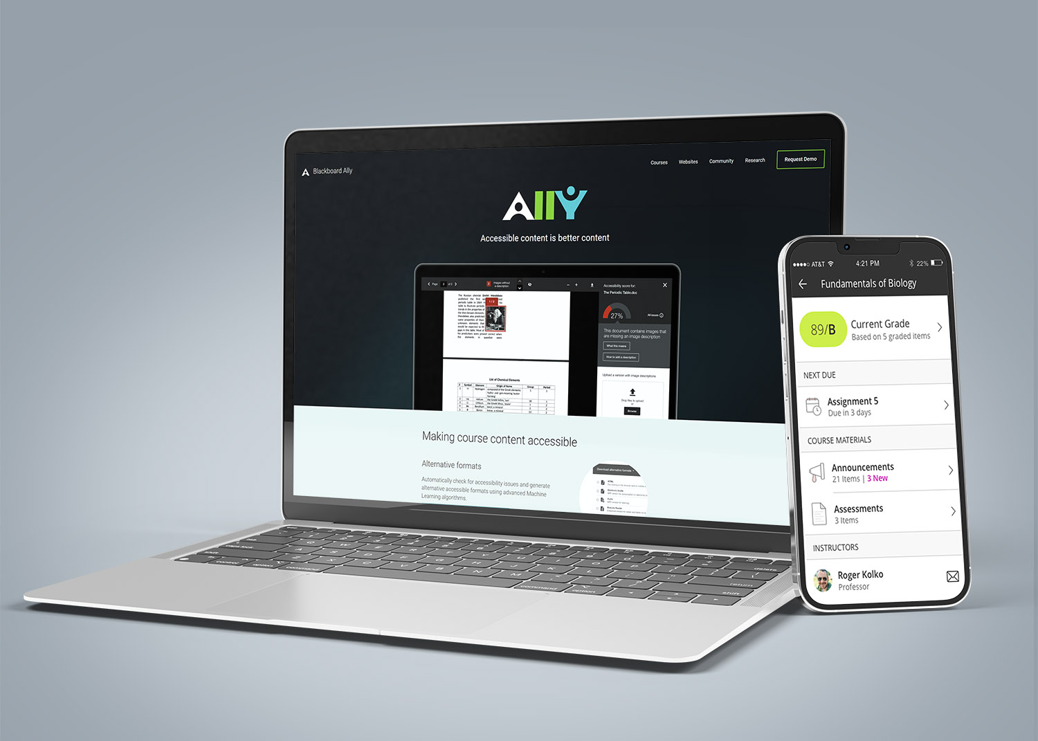 a laptop showing the Blackboard Ally homepage and a mobile device showing blackboard in-app messages