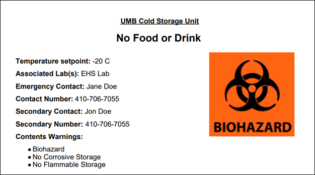 Image showing an example cold storage unit label