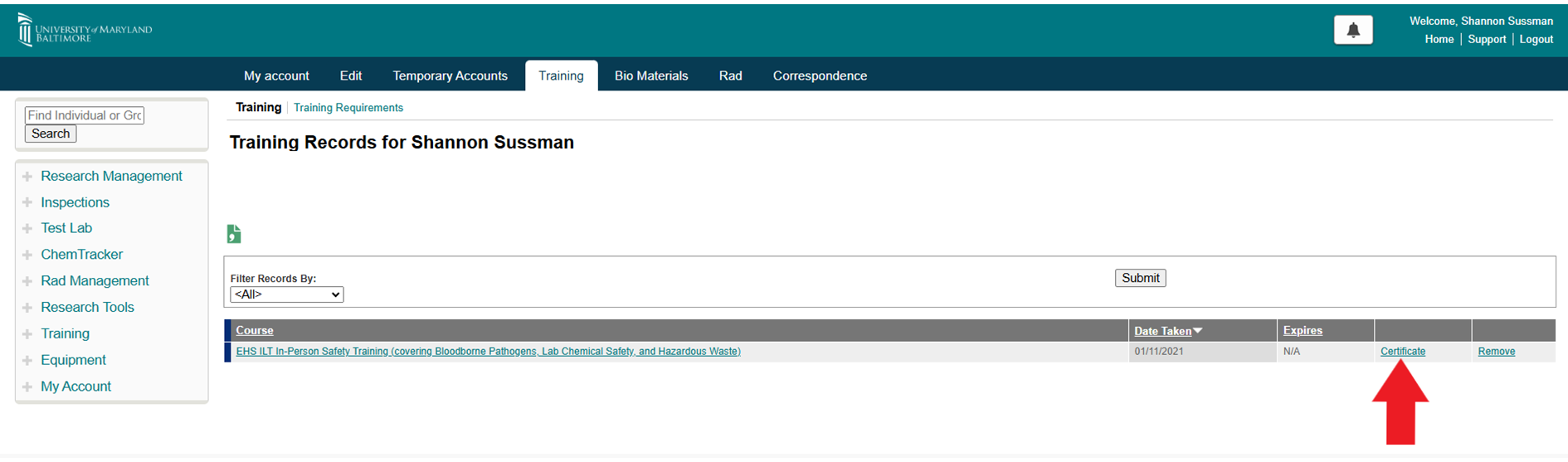 Image showing the location of the link for certificates in the SciShield  system