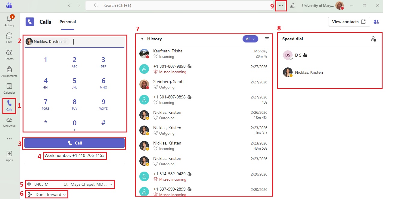 Screenshot of the Teams Calls tab within the Microsoft Teams application.