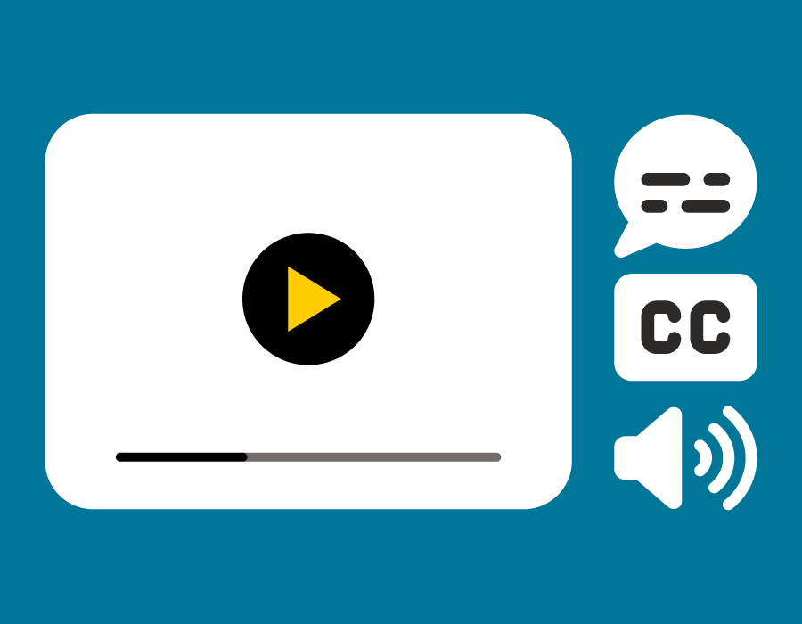 A video with icons for a transcript, captions, and audio