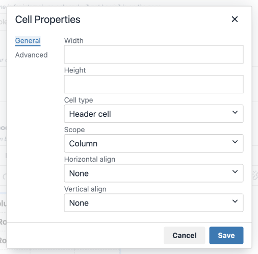 A screenshot of the Cell Properties modal window, including options for Cell type and Scope