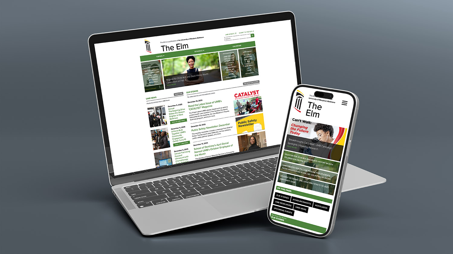 The Elm university news shown on a laptop device and mobile phone