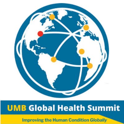 A globe with UMB Global Health Summit: Improving the Human Conditional Globally
