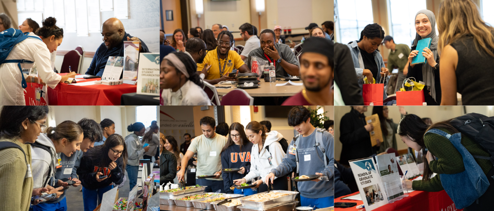 A collage of photos showing students having fun at the Global Kick Off: talking to tabling groups, eating a meal, etc.
