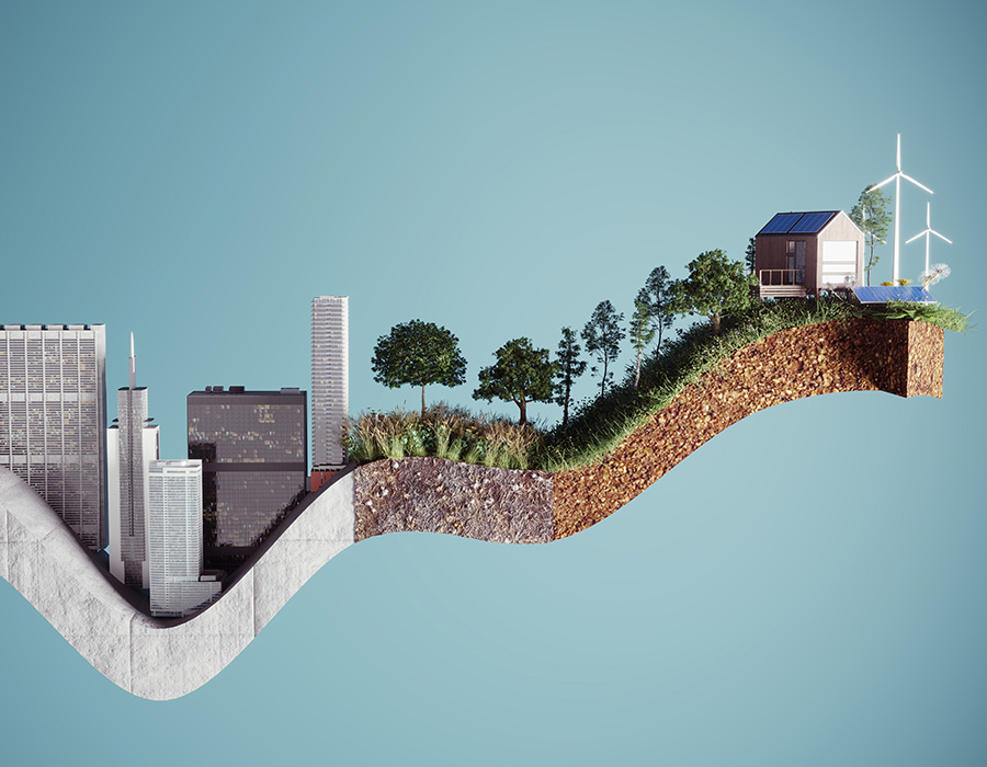 Growing curve graph made of a city with skyscrapers, trees, and other buldings