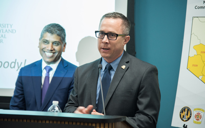 Mohan Suntha, MD, MBA, president and chief executive officer of University of Maryland Medical Center, left, and David Marcozzi, MD, MHS-CL, FACEP, assistant chief medical officer for acute care services at UMMC.