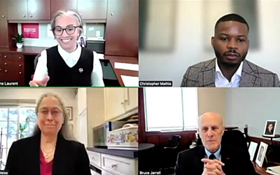 Zoom windows show clockwise from upper left: Renée Hutchins Laurent, Chis Mathis, Bruce Jarrell, and Marley Weiss