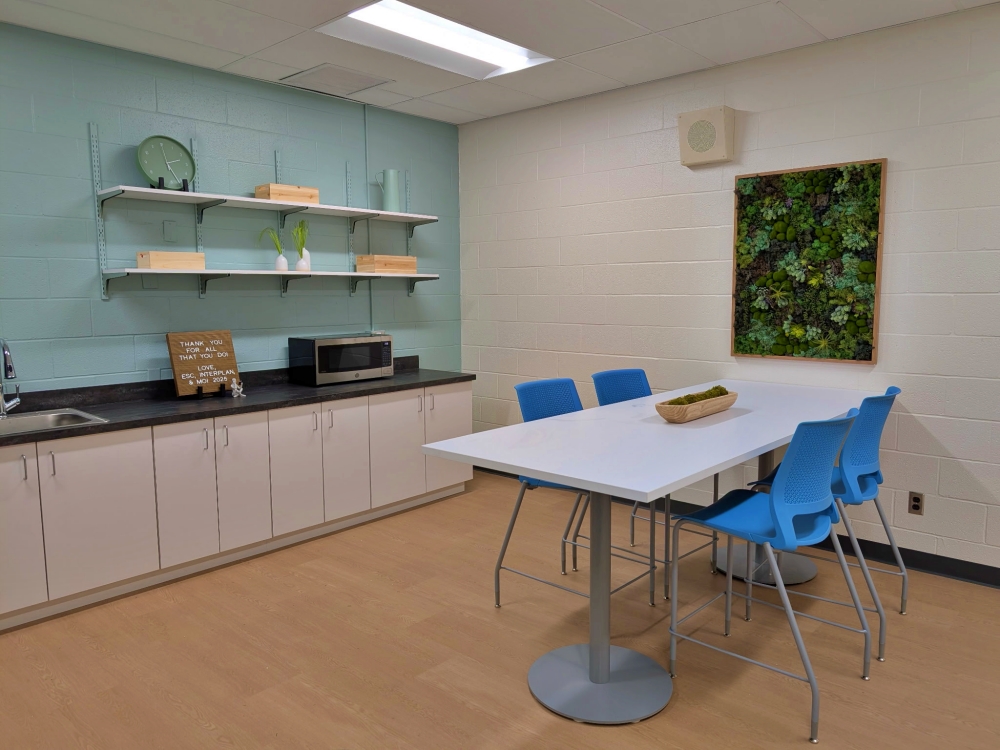 The renovated staff lounge at George Washington Elementary School. Photo by Educator Support Collaborative