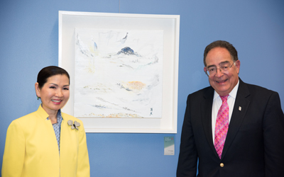 Maryland First Lady Yumi Hogan and UMB President Jay Perman at Mrs. Hogan's HSHSL exhibit