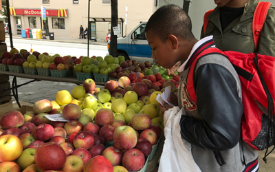 Third grade students from Robert Coleman Elementary School browse and purchase produce from the farmers market.