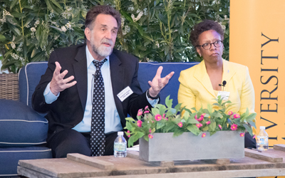 Richard P. Barth, PhD, MSW, dean and professor of the University of Maryland School of Social Work, left, and Natalie D. Eddington, PhD, FAAPS, FCP, dean of the University of Maryland School of Pharmacyand a professor of pharmaceutical sciences.