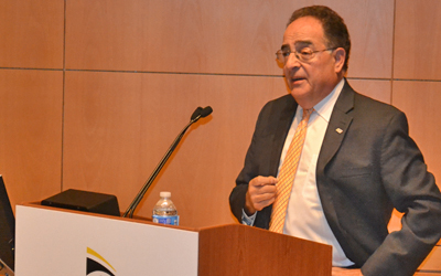 UMB President Jay A. Perman, MD, addressed the crowd at a 2015 town hall meeting.