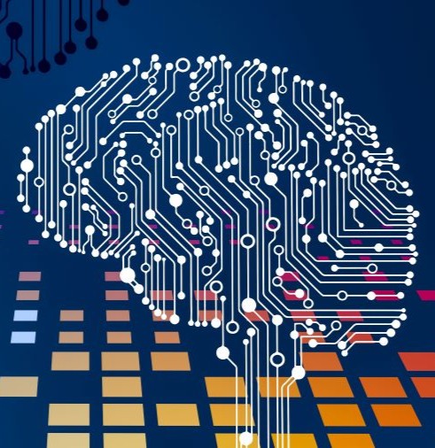 Digital illustration of a brain made of white circuit lines on a dark blue background, with colorful pixel-like squares below, symbolizing artificial intelligence and technology