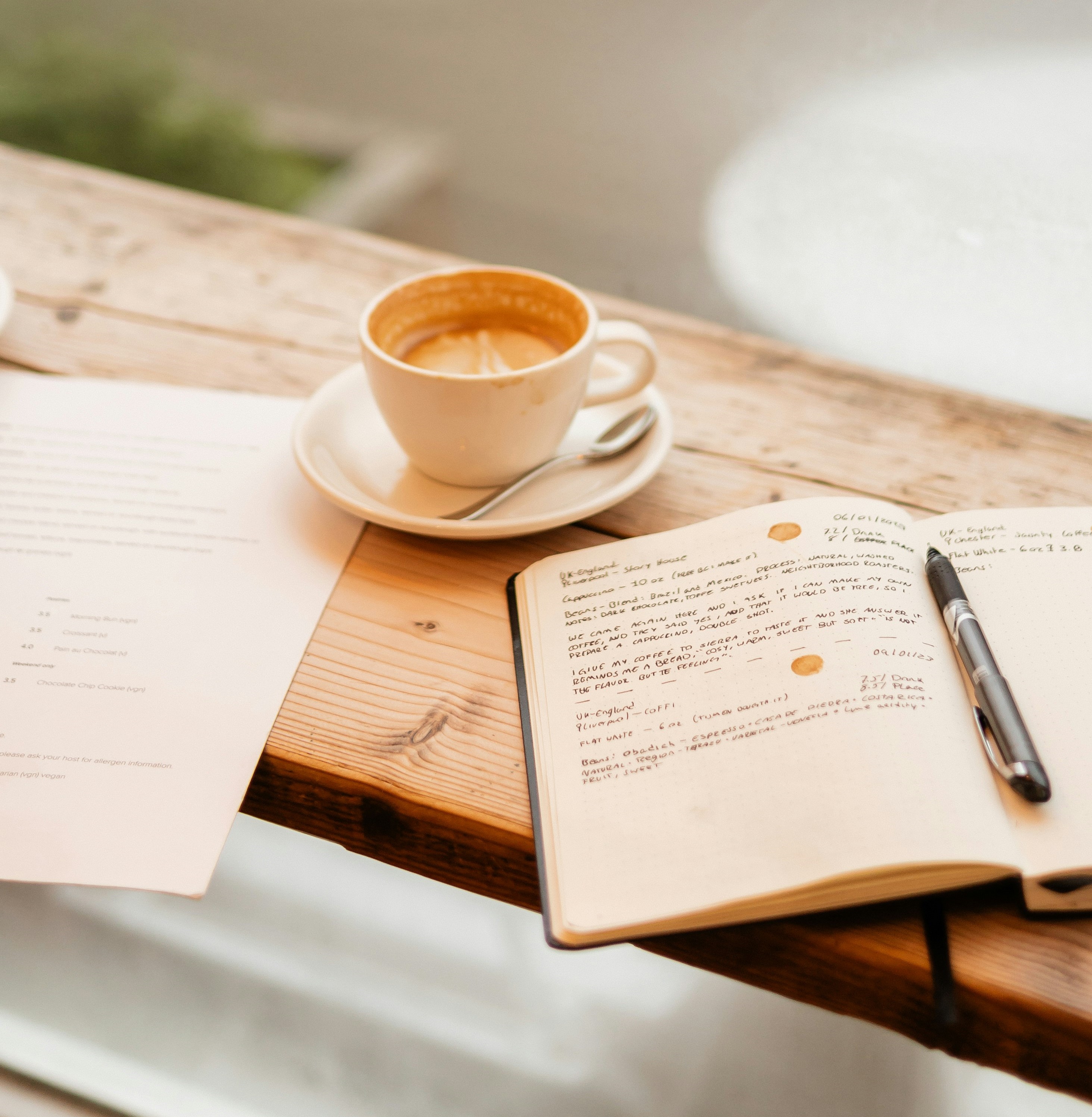 A wooden table with a cup of coffee, an open notebook filled with handwritten notes and a pen resting on it, and a printed page, creating a cozy work or study setting.