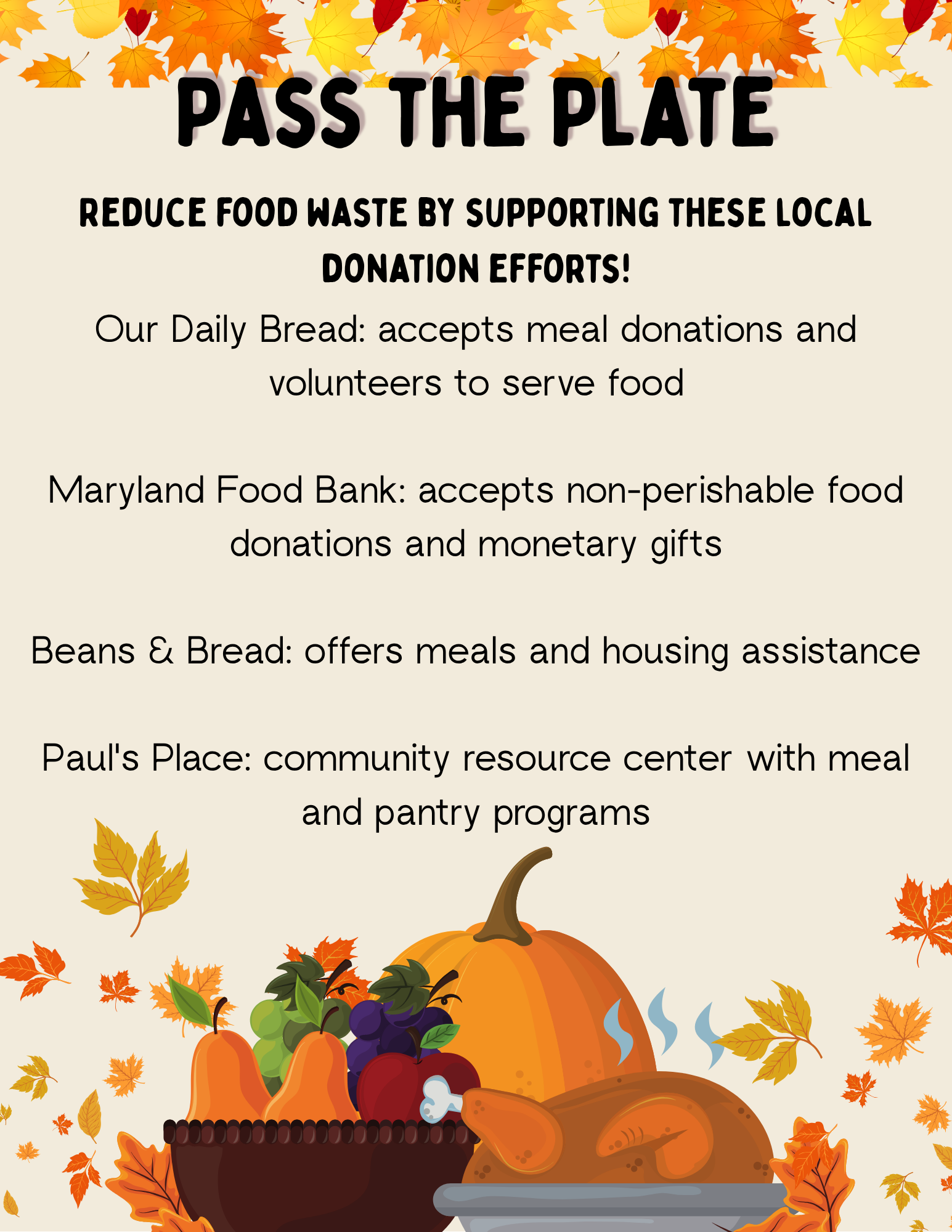 Pass the Plate encourages reducing food waste by supporting local donation efforts. Our Daily Bread accepts meal donations and volunteers who help serve food. The Maryland Food Bank takes non-perishable food donations as well as monetary gifts. Beans & Bread offers both meals and housing assistance, while Paul’s Place serves as a community resource center providing meal and pantry programs.