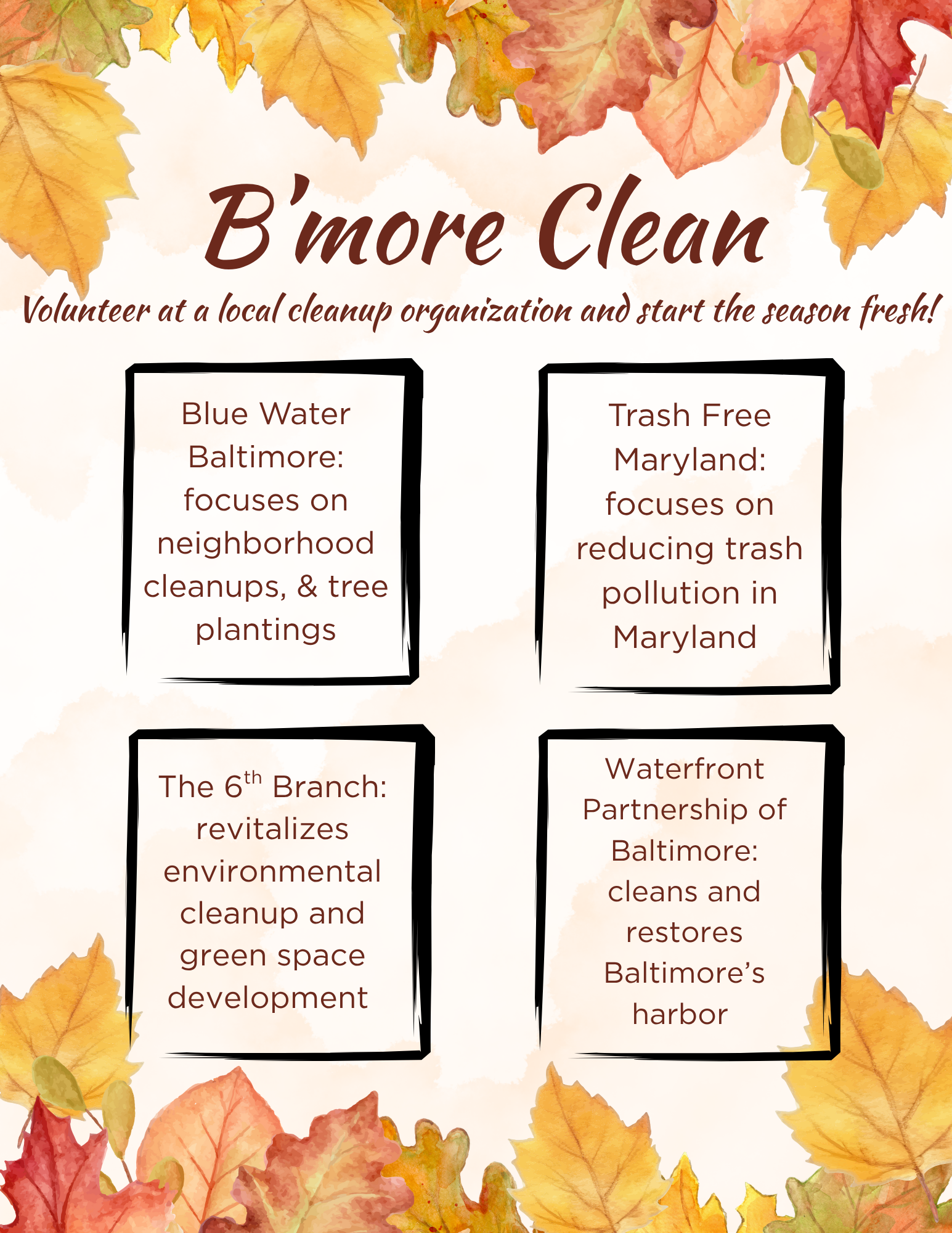 We encourage community members to volunteer with local cleanup organizations. Blue Water Baltimore focuses on neighborhood cleanups and tree plantings, while Trash Free Maryland works to reduce trash pollution throughout the state. The 6th Branch helps revitalize communities through cleanup and green space development. The Waterfront Partnership of Baltimore is dedicated to restoring the Harbor.