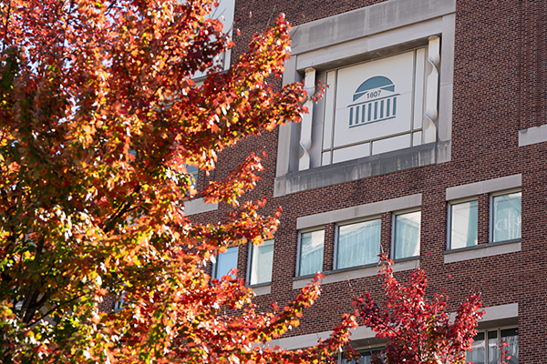 A building with trees