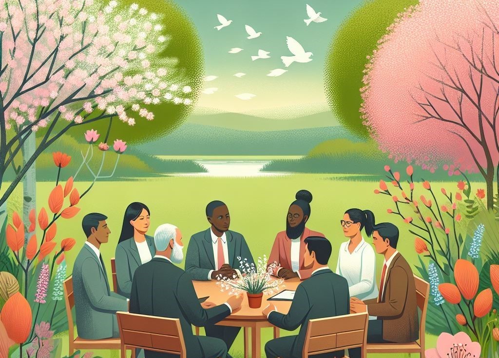 People around a table in the spring